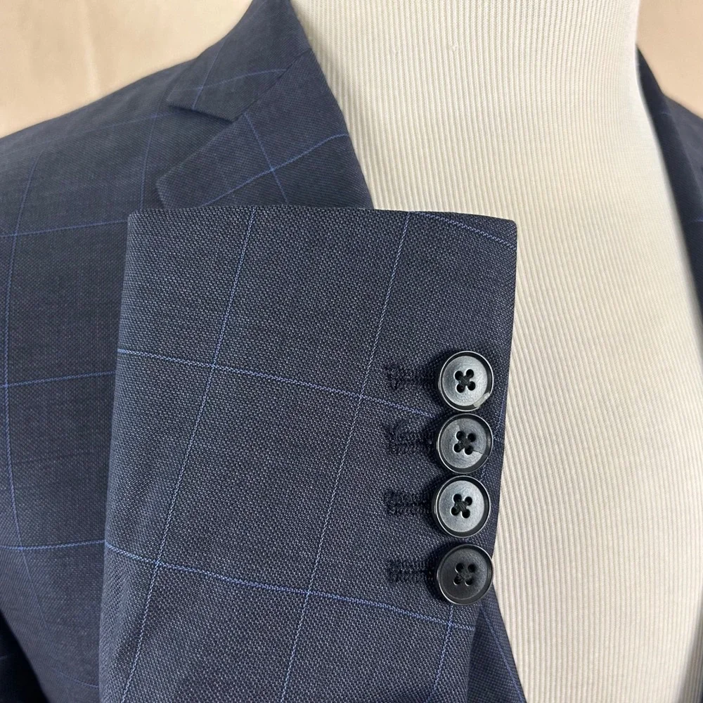 Charles Tyrwhitt 40R Suit 36x31 Wool Navy Windowpane Two Button Double Vented